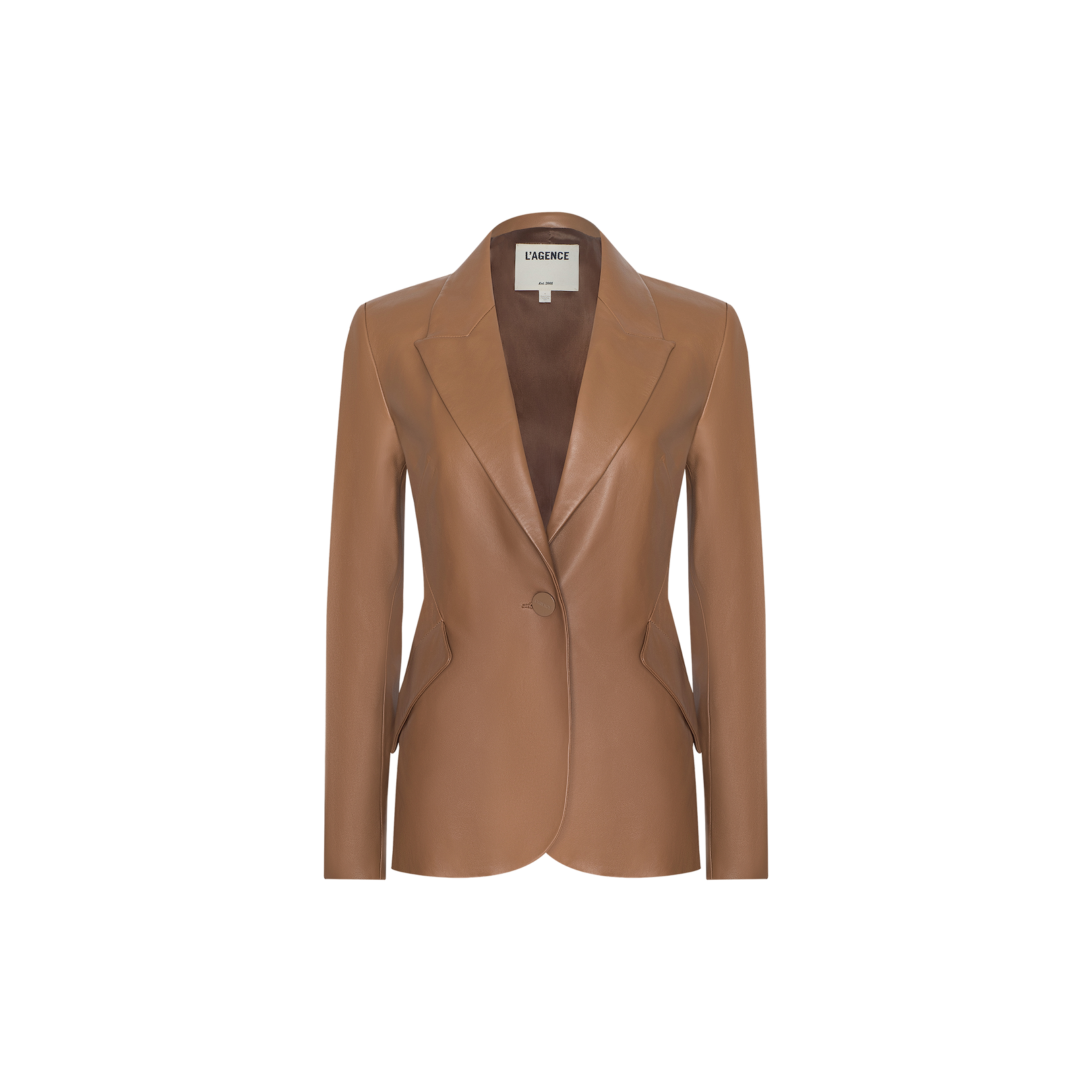 The Chamberlain Leather Blazer, crafted from brown lambskin leather, features a single button closure, notched lapel collar, and a tailored fit, showcased against a plain white background.