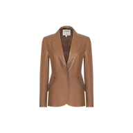 The Chamberlain Leather Blazer, crafted from brown lambskin leather, features a single button closure, notched lapel collar, and a tailored fit, showcased against a plain white background.
