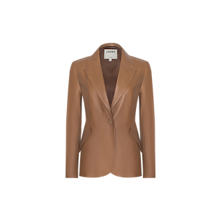 The Chamberlain Leather Blazer, crafted from brown lambskin leather, features a single button closure, notched lapel collar, and a tailored fit, showcased against a plain white background.