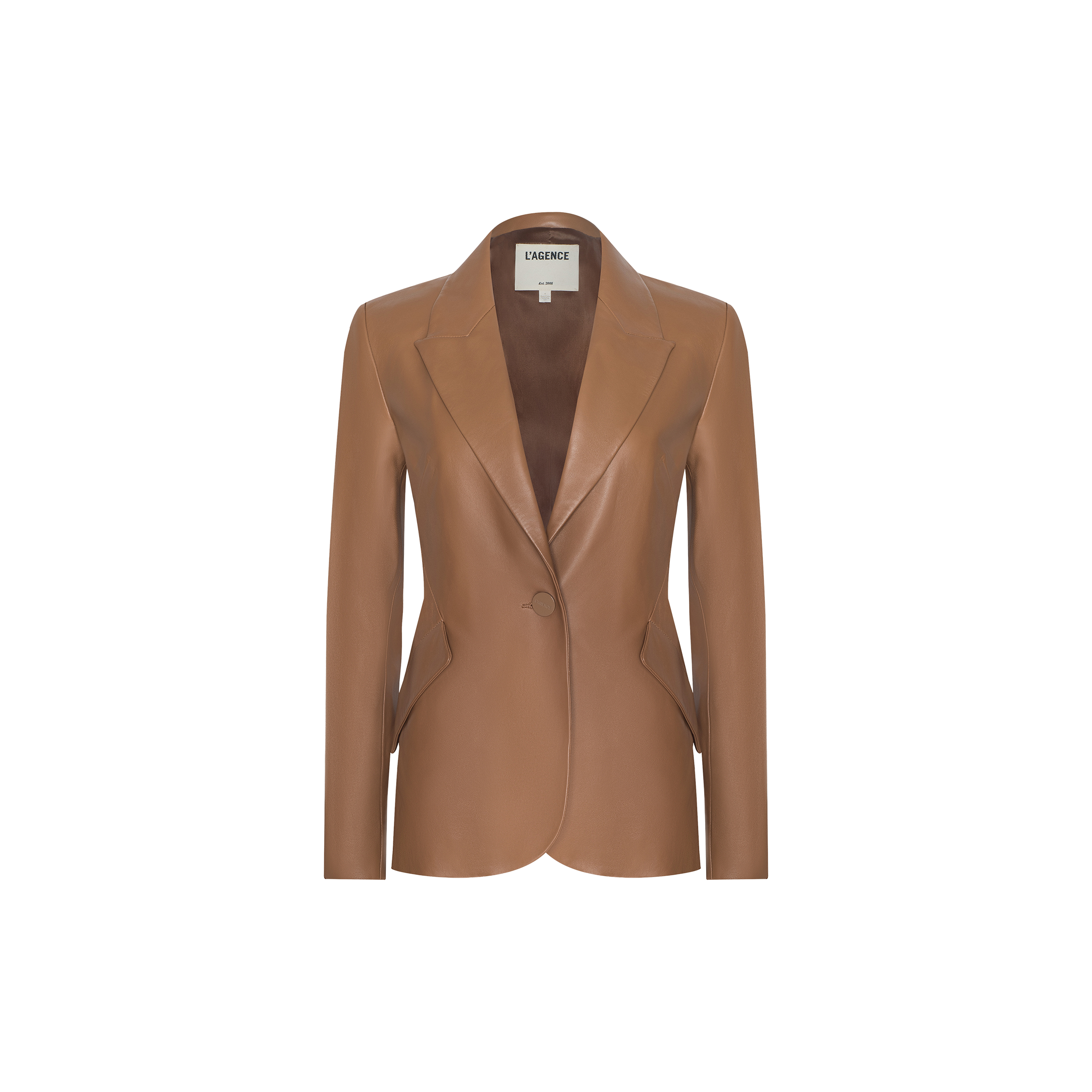 The Chamberlain Leather Blazer, crafted from brown lambskin leather, features a single button closure, notched lapel collar, and a tailored fit, showcased against a plain white background.