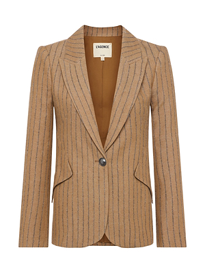 The Chamberlain Blazer by L'AGENCE features tan pinstripes with thin black stripes, a single black button, front flap pockets, and a notched lapel. Visible interior lining and the L'AGENCE label sewn inside the collar complete this single-breasted style.