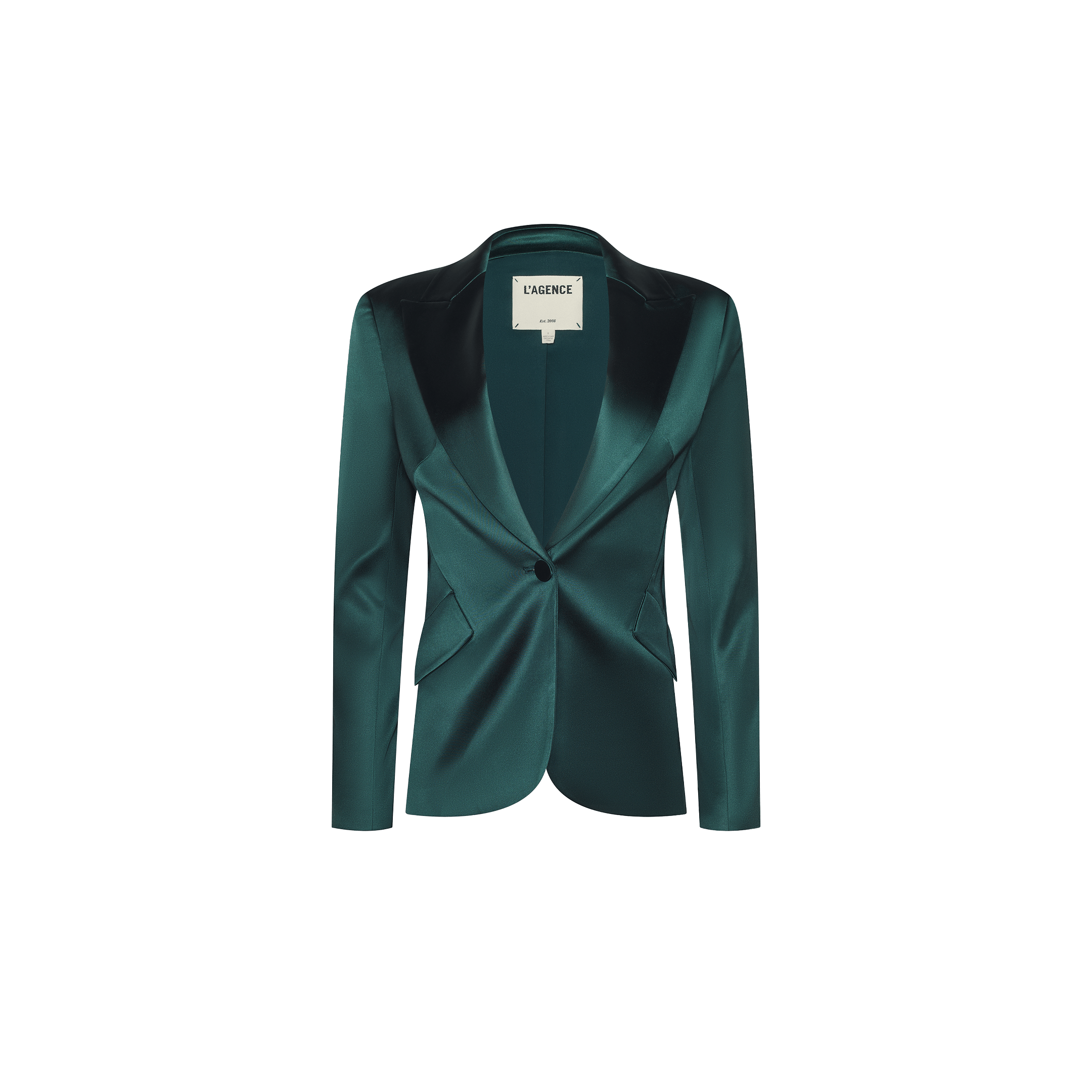Forest green Chamberlain Satin Blazer featuring a single-button closure and a notched lapel.