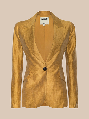 The Chamberlain Linen-Blend Blazer is a gold single-breasted style with a notched lapel and long sleeves, featuring the LAGENCE label inside the collar, shown against a plain beige background.