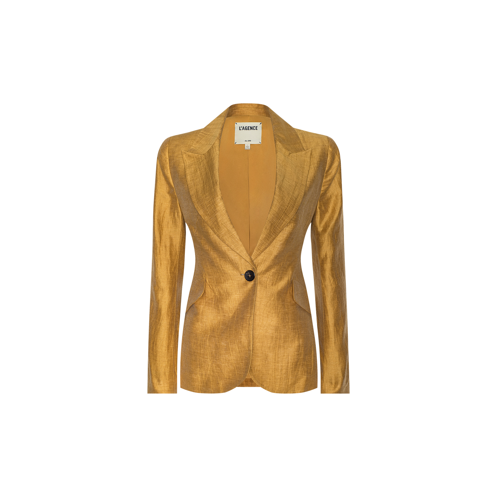 The Chamberlain Linen-Blend Blazer is a gold, single-breasted women’s blazer crafted from a linen blend, featuring structured shoulders, notched lapels, and a black button closure. Displayed against a plain white background.