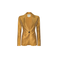 The Chamberlain Linen-Blend Blazer for women, shown against a plain white background, features a gold hue, single button closure, notched lapel, and a tailored fit.