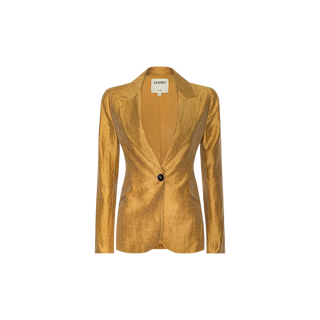 The Chamberlain Linen-Blend Blazer is a gold, single-breasted women’s blazer crafted from a linen blend, featuring structured shoulders, notched lapels, and a black button closure. Displayed against a plain white background.