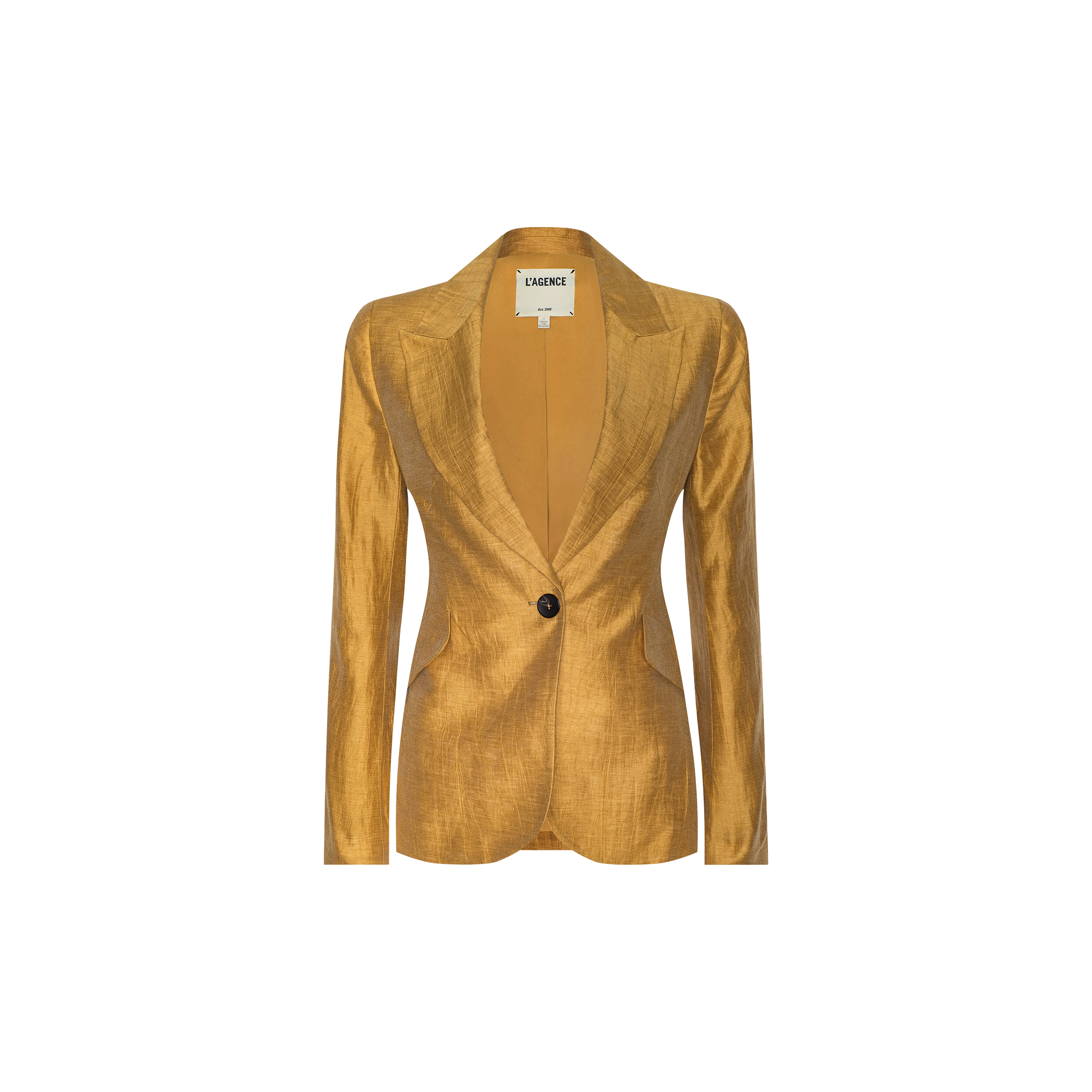 The Chamberlain Linen-Blend Blazer for women, shown against a plain white background, features a gold hue, single button closure, notched lapel, and a tailored fit.