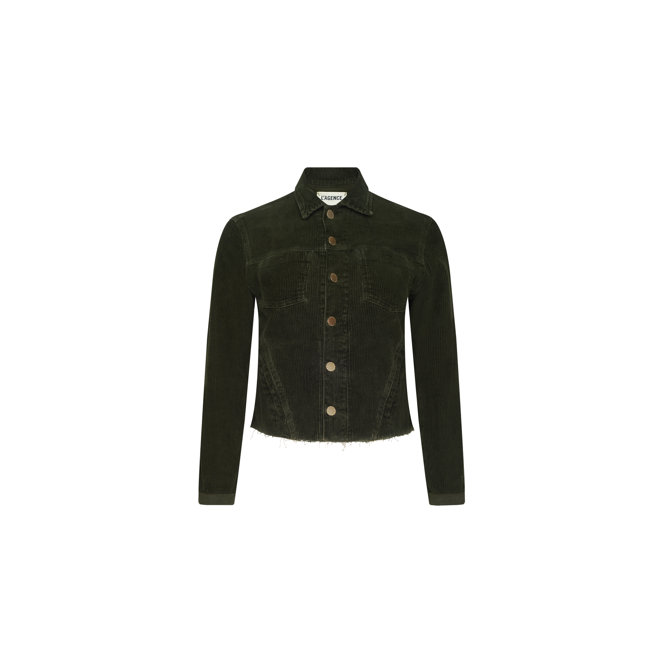 The Janelle Corduroy Jacket, featuring a dark green stretch corduroy fabric, long sleeves, a collar, chest pockets, and a frayed bottom hem, is displayed on a plain white background.