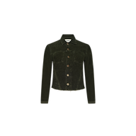 The Janelle Corduroy Jacket, featuring a dark green stretch corduroy fabric, long sleeves, a collar, chest pockets, and a frayed bottom hem, is displayed on a plain white background.
