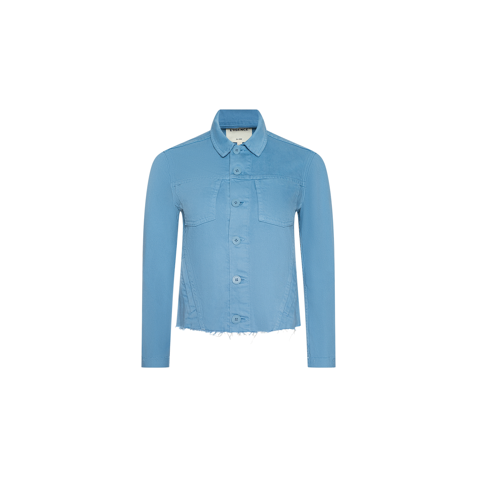 The Janelle Jean Jacket by L’AGENCE features light blue denim with a frayed hem, a slim fit silhouette, long sleeves, front button closures, and two chest pockets, displayed against a plain white background.
