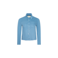 The Janelle Jean Jacket is a slim fit, light blue denim jacket featuring long sleeves, a collar, button-down front, two chest pockets, and a raw, frayed hem, displayed on a white background.