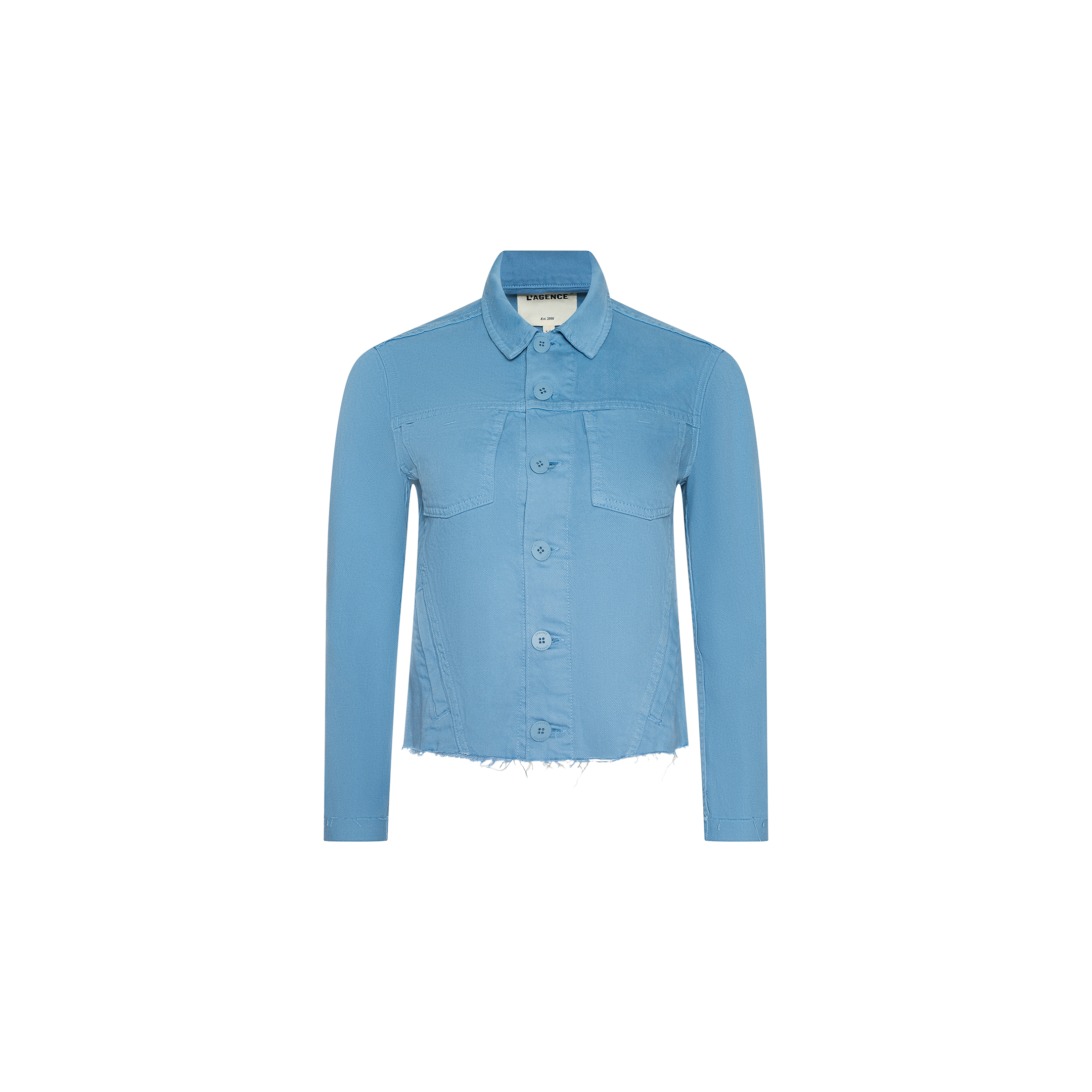 The Janelle Jean Jacket is a slim fit, light blue denim jacket featuring long sleeves, a collar, button-down front, two chest pockets, and a raw, frayed hem, displayed on a white background.