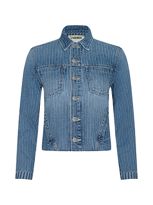 The Janelle Jean Jacket is a slim fit blue denim jacket by L’AGENCE, featuring vertical white pinstripes, long sleeves, a classic collar, front button closure, two chest flap pockets, and the brand’s logo on the inside label.
