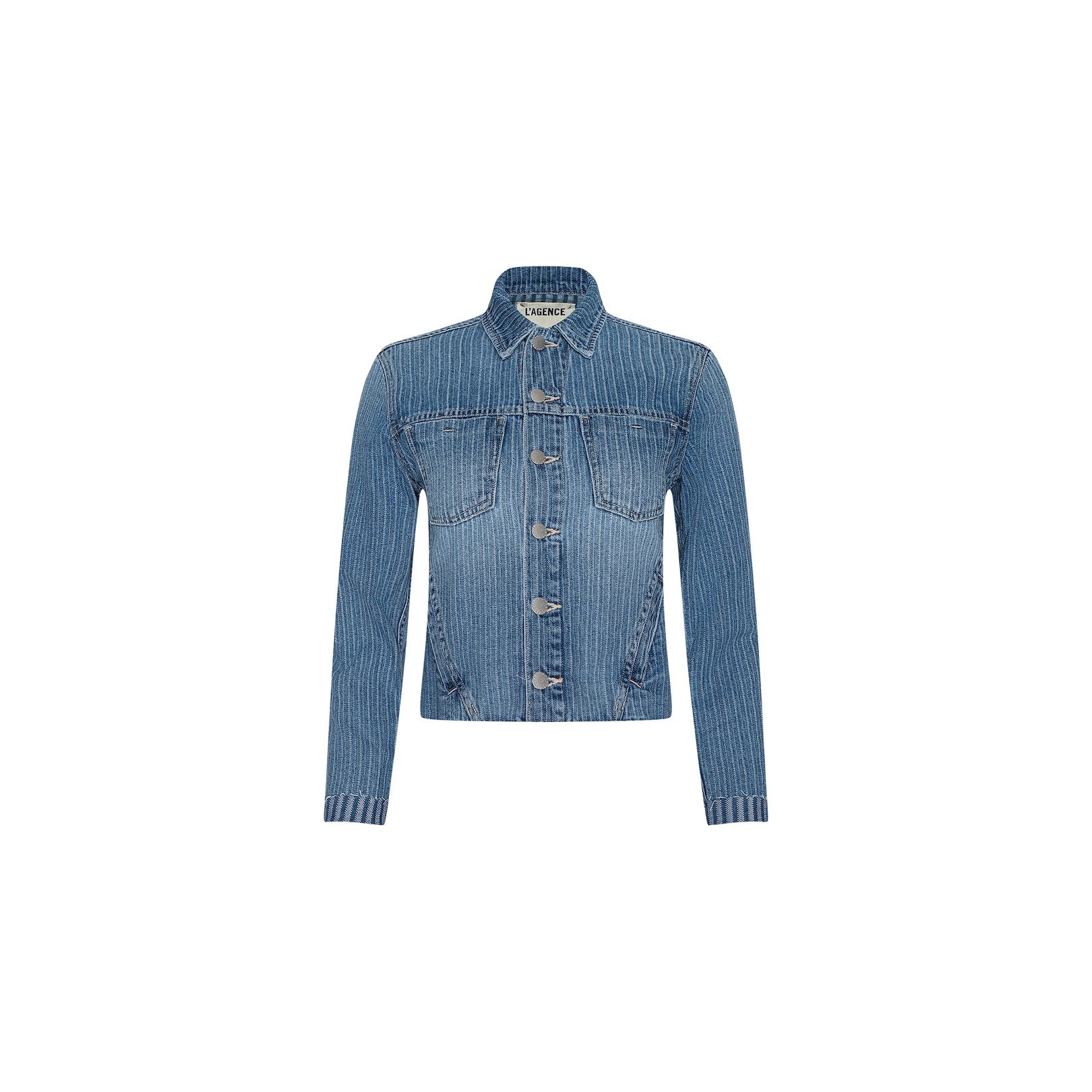 The Janelle Jean Jacket is a slim fit, all-cotton denim jacket in blue with vertical white pinstripes, featuring a buttoned front and two chest pockets, displayed on a plain white background.