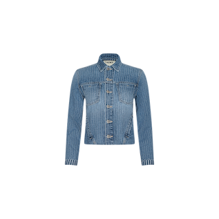 The Janelle Jean Jacket is a slim fit, all-cotton denim jacket in blue with vertical white pinstripes, featuring a buttoned front and two chest pockets, displayed on a plain white background.