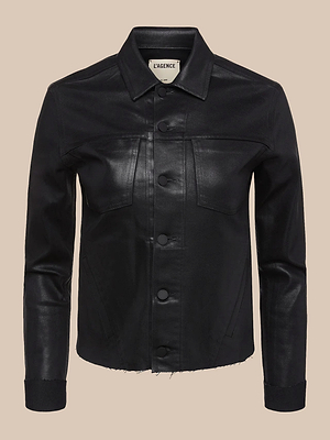 Janelle Coated Jean Jacket in black featuring a classic collar, button-down front, chest pockets, and a slightly frayed hem, shown on a neutral beige background.