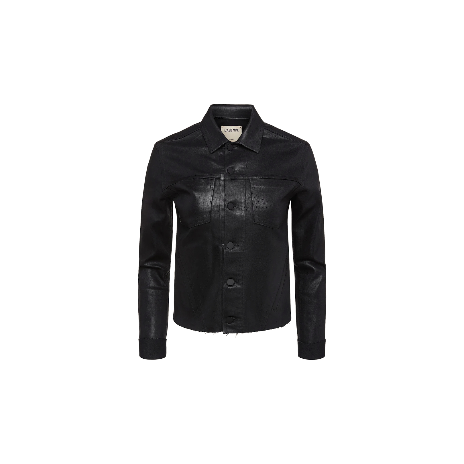 The Janelle Coated Jean Jacket is a black crop jacket featuring a collar, long sleeves, front buttons, and chest pockets, displayed against a plain white background.