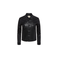 The Janelle Coated Jean Jacket is a black crop jacket featuring a collar, long sleeves, front buttons, and chest pockets, displayed against a plain white background.