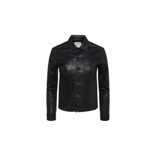 The Janelle Coated Jean Jacket is a black crop jacket featuring a collar, long sleeves, front buttons, and chest pockets, displayed against a plain white background.