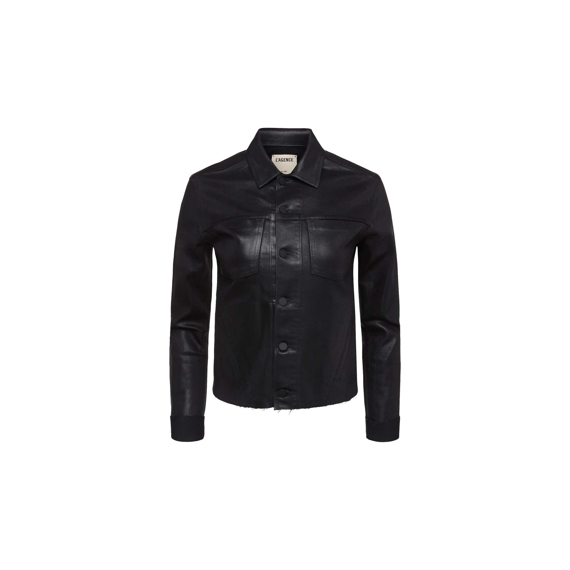 The Janelle Coated Jean Jacket is a black crop jacket featuring a collar, long sleeves, front buttons, and chest pockets, displayed against a plain white background.