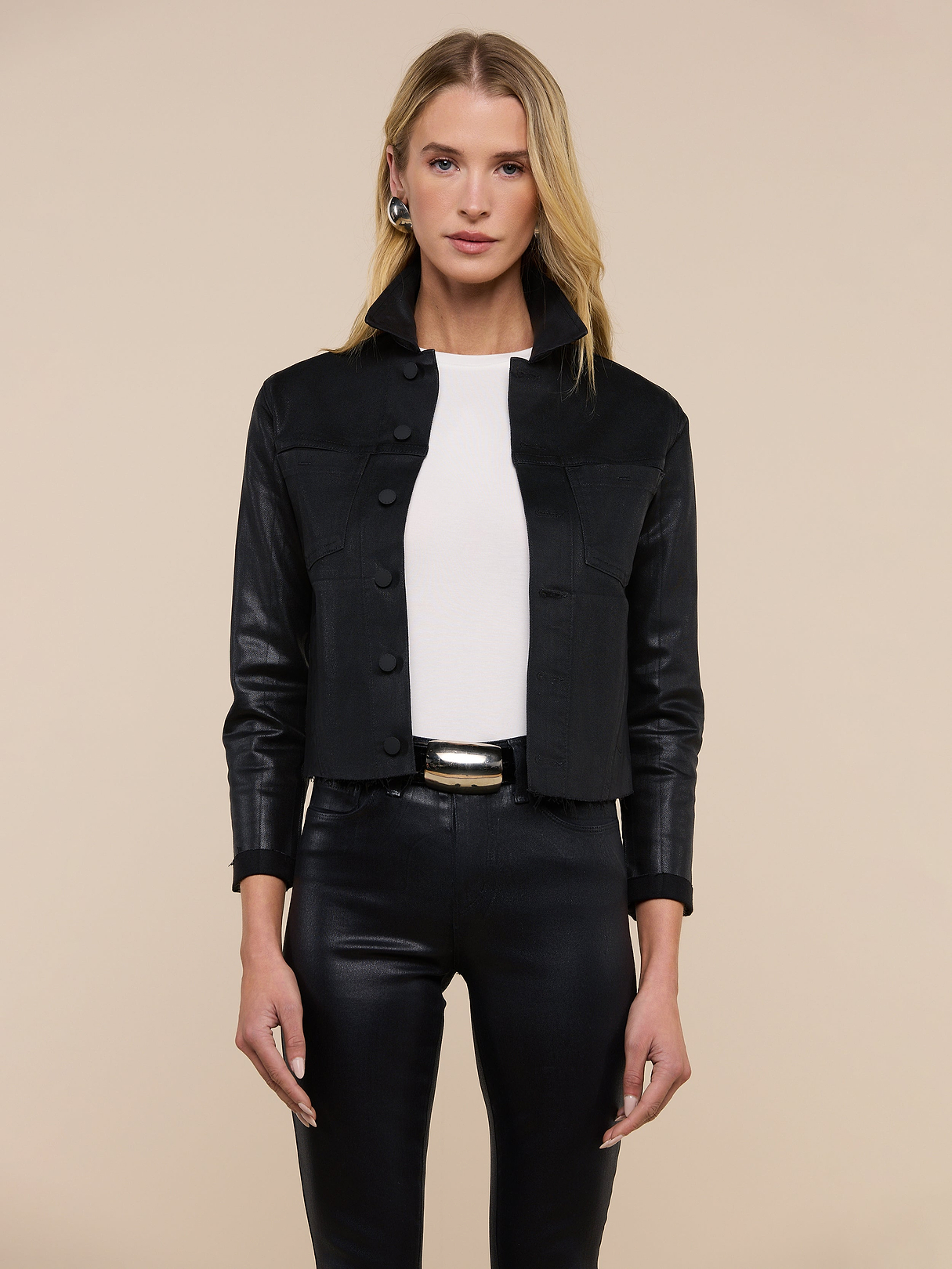 Janelle Coated Jean Jacket in Saturated Black Coated | L'AGENCE