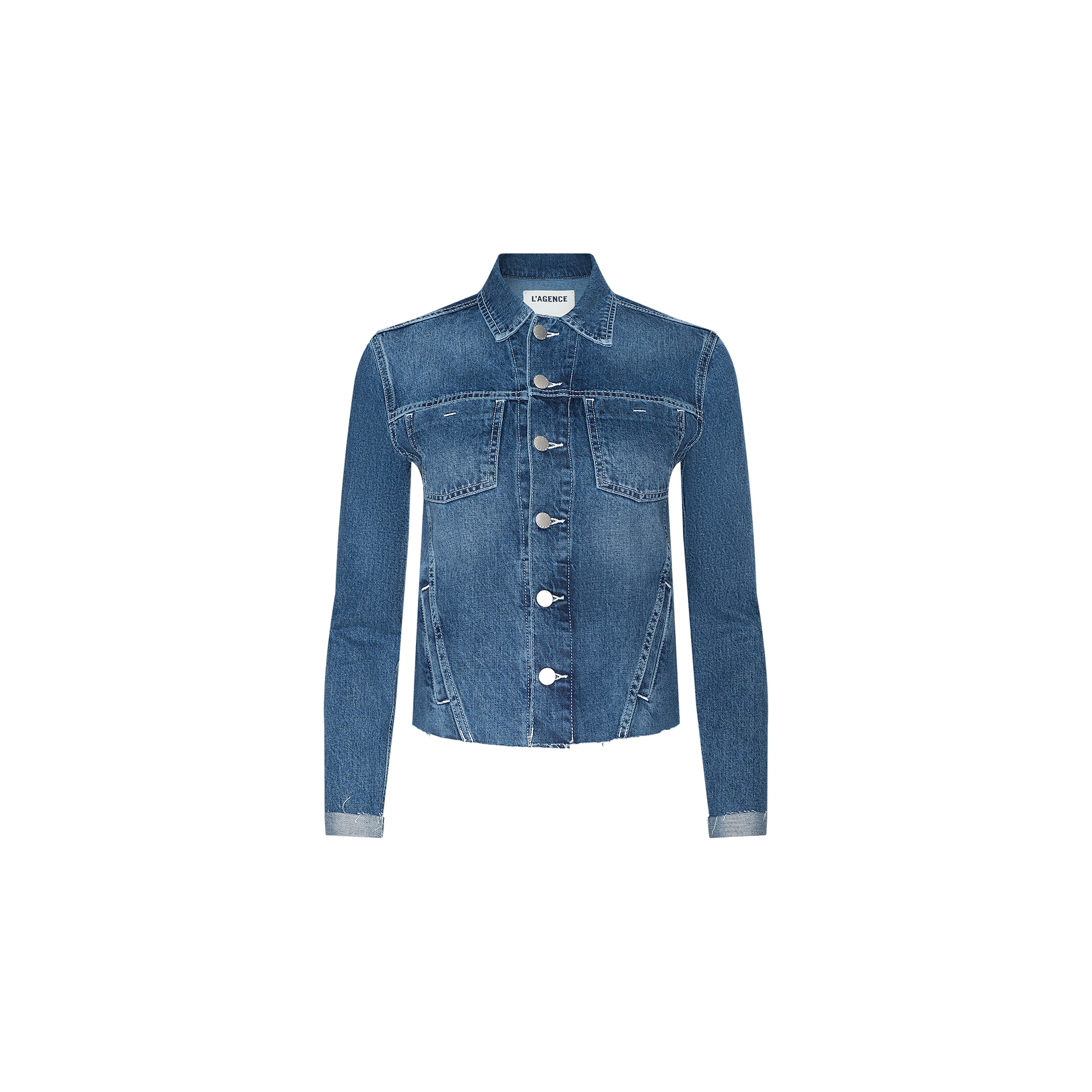 The Janelle Jean Jacket is a classic medium wash blue denim jacket with a slim fit, featuring long sleeves, a button front closure, and two chest pockets. It is displayed on a plain white background.