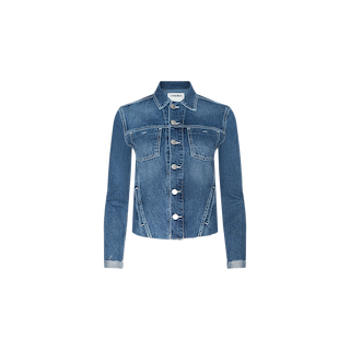 The Janelle Jean Jacket is a classic medium wash blue denim jacket with a slim fit, featuring long sleeves, a button front closure, and two chest pockets. It is displayed on a plain white background.