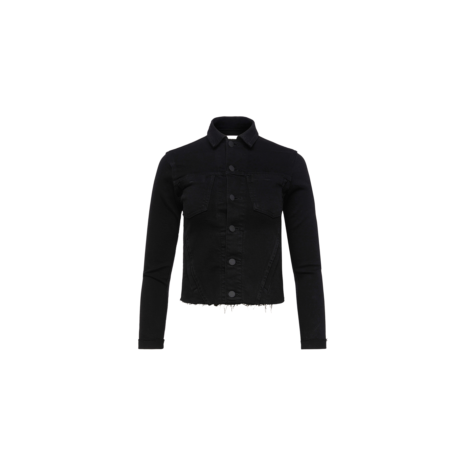 The Janelle Jean Jacket showcases a slim black denim design featuring a collar, button-down front, long sleeves, chest pockets, and a raw, frayed hem for a chic cropped silhouette. The jacket is displayed on a plain white background.