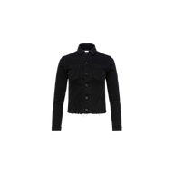 The Janelle Jean Jacket showcases a slim black denim design featuring a collar, button-down front, long sleeves, chest pockets, and a raw, frayed hem for a chic cropped silhouette. The jacket is displayed on a plain white background.