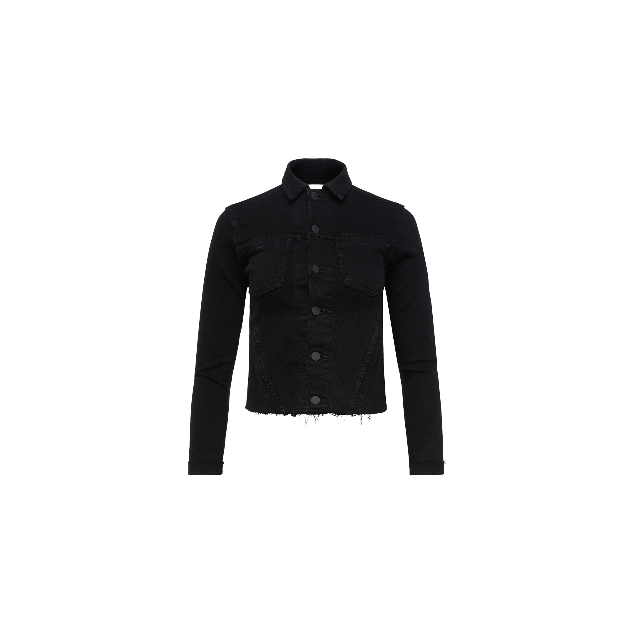 The Janelle Jean Jacket showcases a slim black denim design featuring a collar, button-down front, long sleeves, chest pockets, and a raw, frayed hem for a chic cropped silhouette. The jacket is displayed on a plain white background.