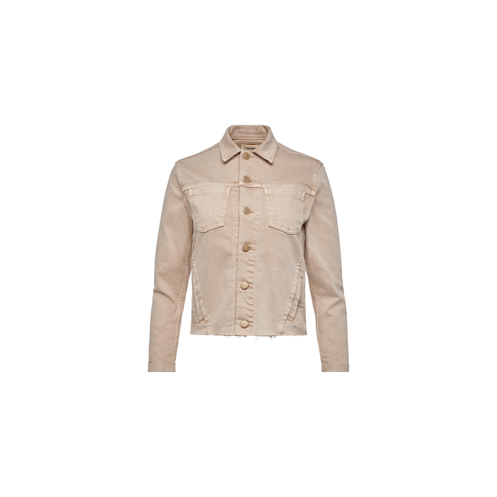 Janelle Jean Jacket in oatmeal beige, featuring a feminine fit, long sleeves, button front closure, two chest pockets, and a frayed hem crafted from stretch denim, displayed on a plain white background.