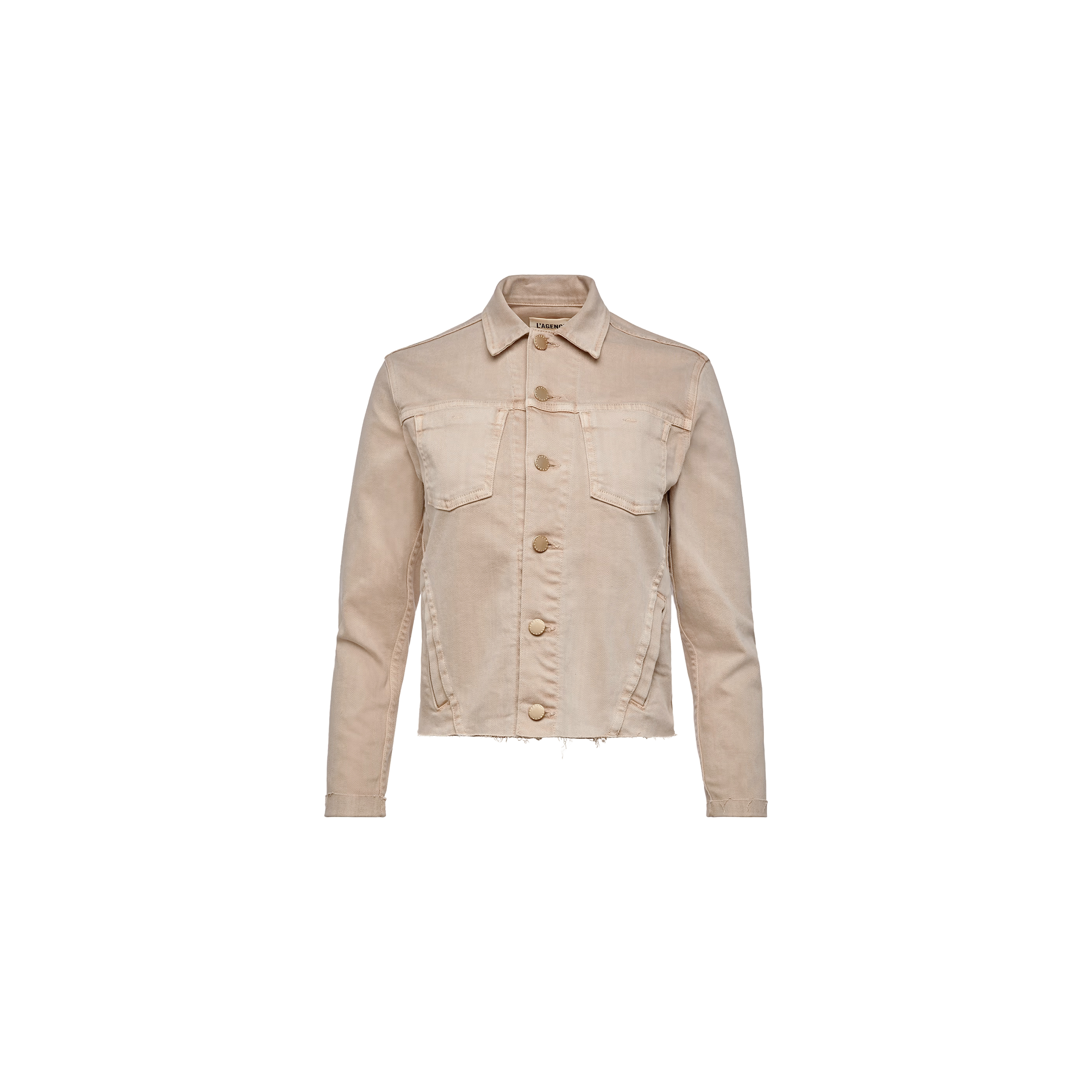 The Janelle Jean Jacket is an oatmeal beige denim jacket with a feminine fit, featuring button closure, two chest pockets, long sleeves, and a slightly frayed hem crafted from stretch denim, displayed against a plain white background.