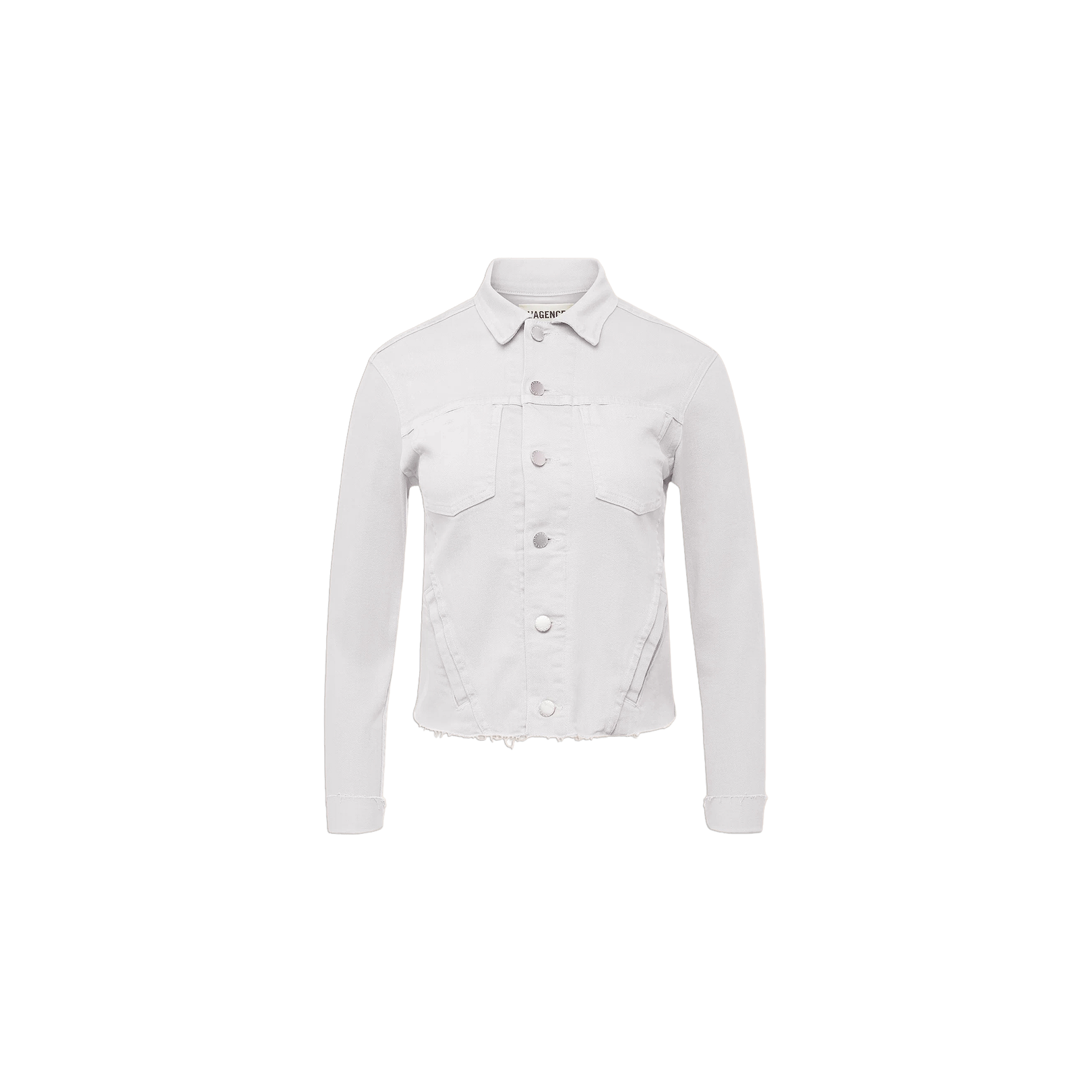 The Janelle Jean Jacket is a white denim jacket with a feminine fit, crafted from stretch denim and featuring long sleeves, front buttons, chest pockets, and a classic collar—displayed on a plain white background.