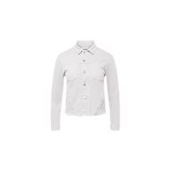 The Janelle Jean Jacket features a feminine fit, long sleeves, a classic collar, button front closure, and chest pockets in crisp white denim, displayed against a plain white background.