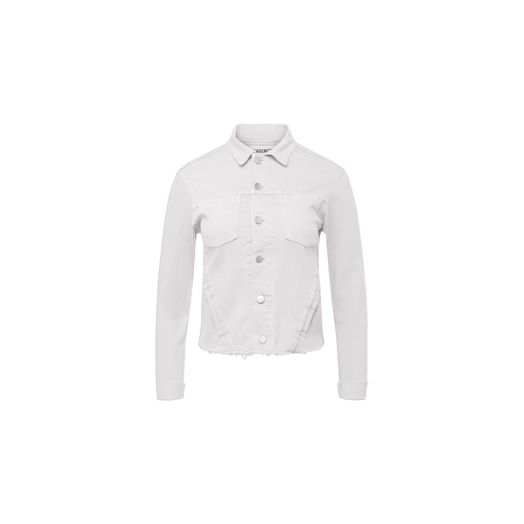 The Janelle Jean Jacket features a feminine fit, long sleeves, a classic collar, button front closure, and chest pockets in crisp white denim, displayed against a plain white background.