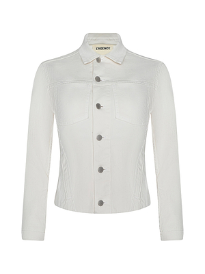 The Janelle Jean Jacket is a white, slim fit long-sleeve denim jacket with a collar, silver front buttons, two chest pockets, an interior LAGENCE label, and is crafted from stretch denim for a feminine look.