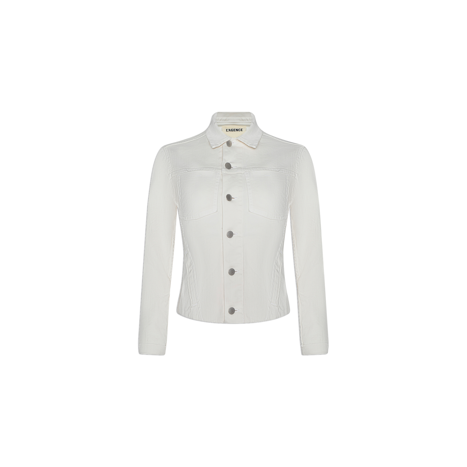 The Janelle Jean Jacket is a white slim-fit piece crafted from stretch denim, featuring long sleeves, a classic collar, metal buttons down the front, and two chest pockets. The jacket is photographed against a plain white background.