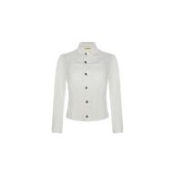 The Janelle Jean Jacket, crafted from stretch denim for a slim fit and flattering silhouette, features long sleeves, a collar, front button closure, and two chest pockets; it is displayed on a plain white background.