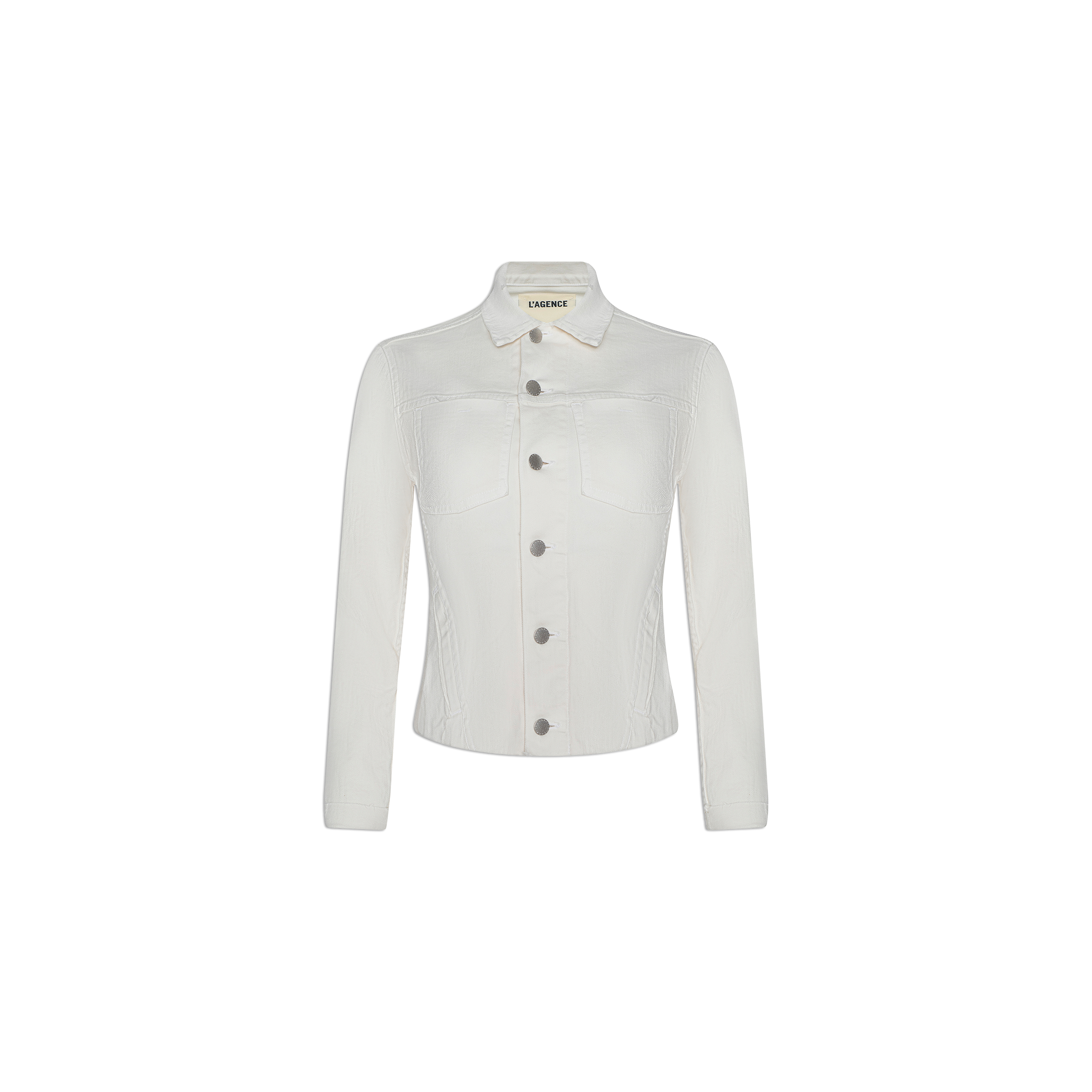 The Janelle Jean Jacket, crafted from stretch denim for a slim fit and flattering silhouette, features long sleeves, a collar, front button closure, and two chest pockets; it is displayed on a plain white background.