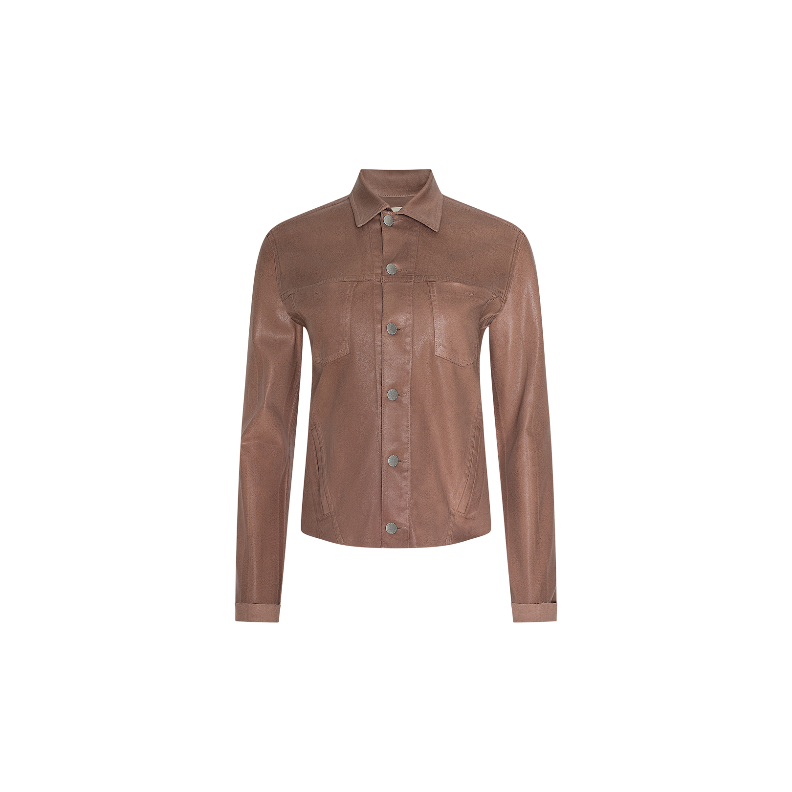 Janelle Coated Jean Jacket in hazelnut brown faux leather features long sleeves, a collar, front button closure, and a single chest pocket, displayed on a plain white background. This slim fit jacket offers a modern silhouette while adding versatility to your wardrobe.