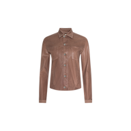 Janelle Coated Jean Jacket in hazelnut brown, featuring a collar, long sleeves, front button closure, and a single chest pocket, displayed against a plain white background.