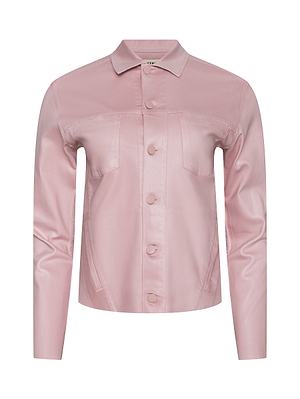 The Janelle Coated Jean Jacket is a light pink, long-sleeved slim fit with a classic collar and front pockets, made from coated denim and shown on a white background.