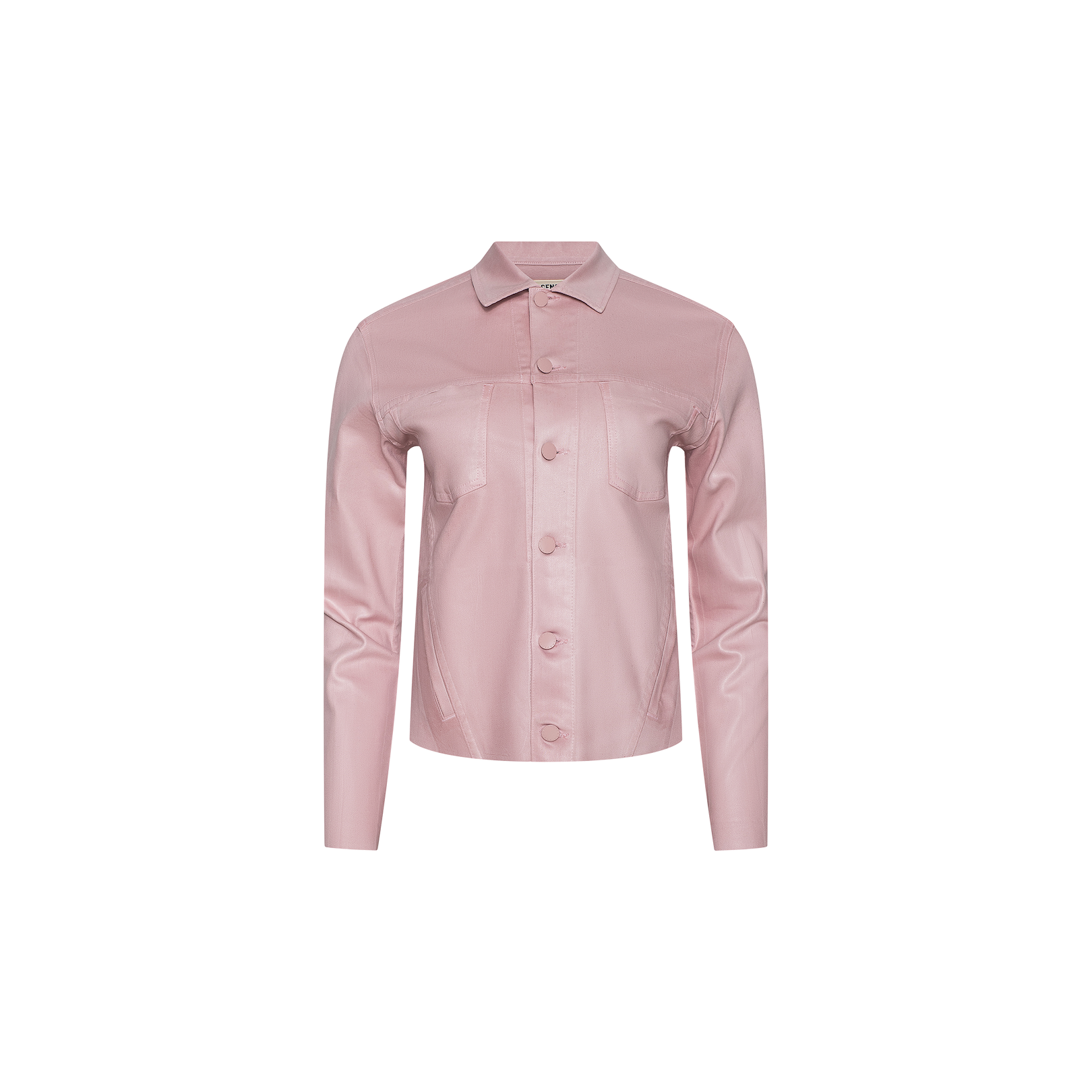The Janelle Coated Jean Jacket is a light pink, slim-fit piece made from coated denim, featuring long sleeves, a button-up front, a collar, and two chest pockets—all showcased against a plain white background.