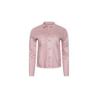 The Janelle Coated Jean Jacket is a light pink, slim fit piece crafted from coated denim, featuring long sleeves, a button-up front, collar, and two vertical chest pockets. It is displayed on a plain white background.
