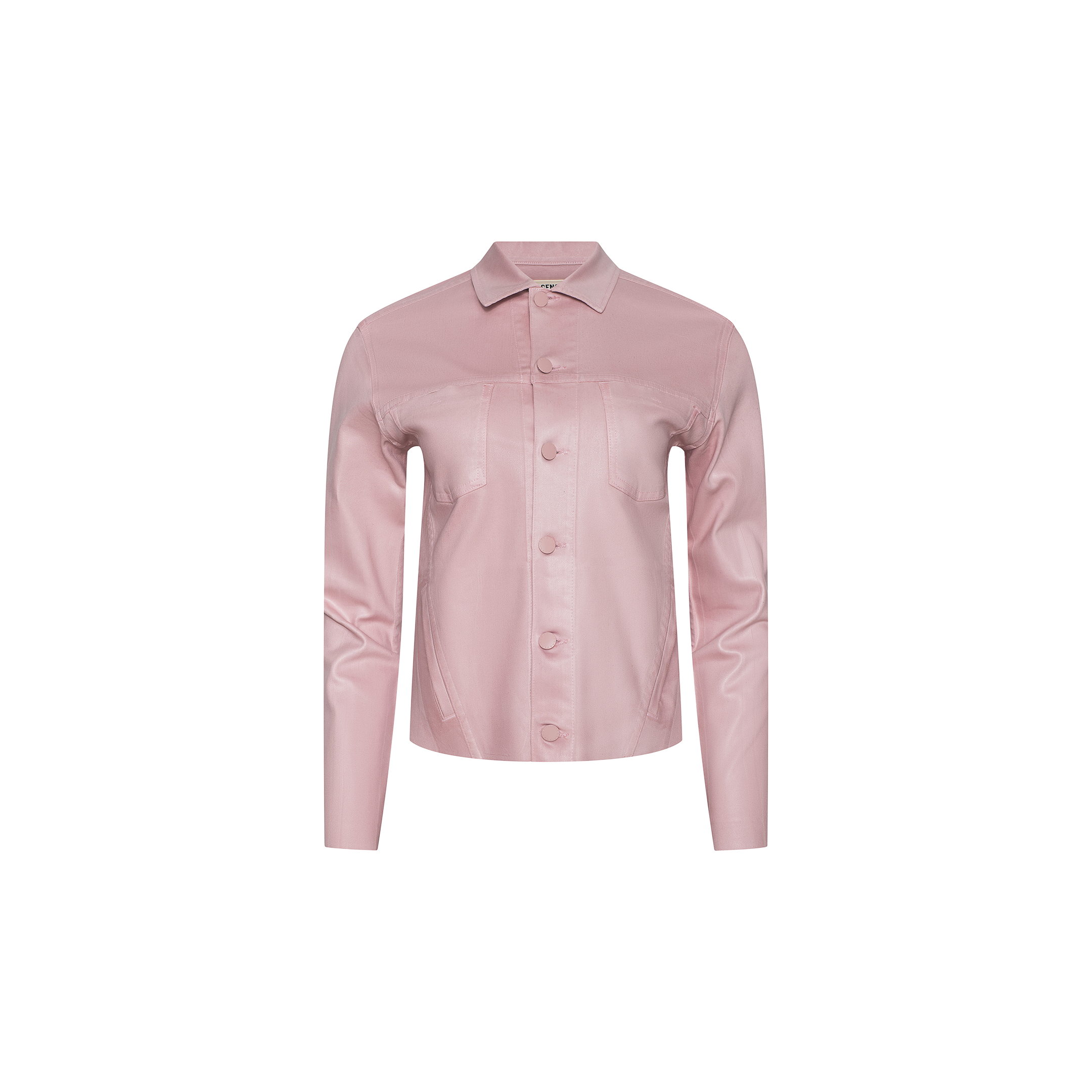 The Janelle Coated Jean Jacket is a light pink, slim fit piece crafted from coated denim, featuring long sleeves, a button-up front, collar, and two vertical chest pockets. It is displayed on a plain white background.