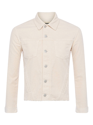 The Janelle Corduroy Jacket by L'AGENCE features light beige stretch corduroy in a slim fit with long sleeves, a collar, silver front buttons, two chest pockets, and cuffed sleeves.