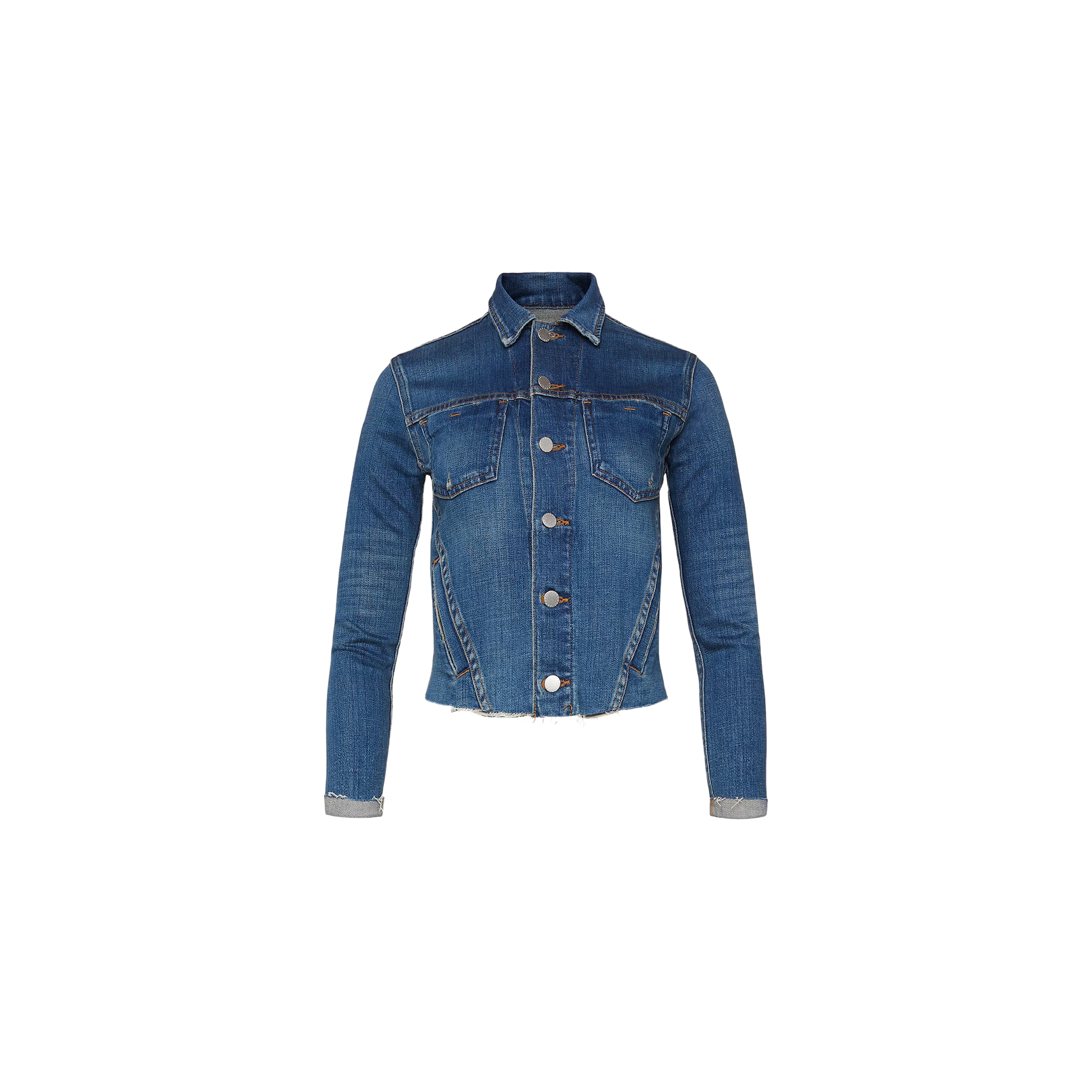 The Janelle Jean Jacket features long sleeves, button closure, chest pockets, and visible stitching in blue denim, offering a feminine fit that enhances your silhouette—all showcased against a plain white background.