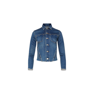 The Janelle Jean Jacket features long sleeves, button closure, chest pockets, and visible stitching in blue denim, offering a feminine fit that enhances your silhouette—all showcased against a plain white background.