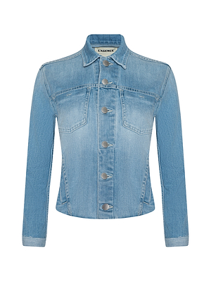 Light blue denim jacket on a white background