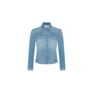 The Janelle Jean Jacket is a light blue vintage denim jacket featuring long sleeves, a button-up front, two chest pockets with flaps, and a slightly fitted waist, displayed on a plain white background.